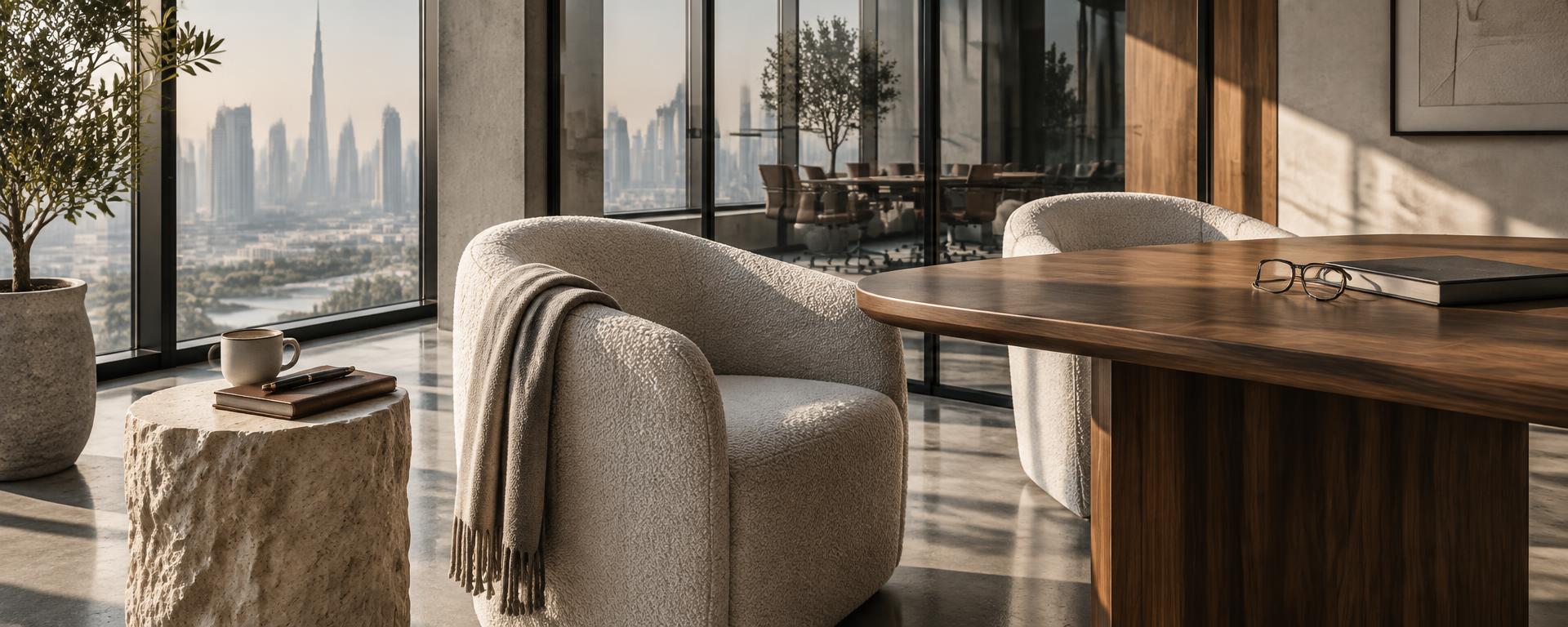 A quiet modern meeting corner with the Dubai skyline beyond the glass